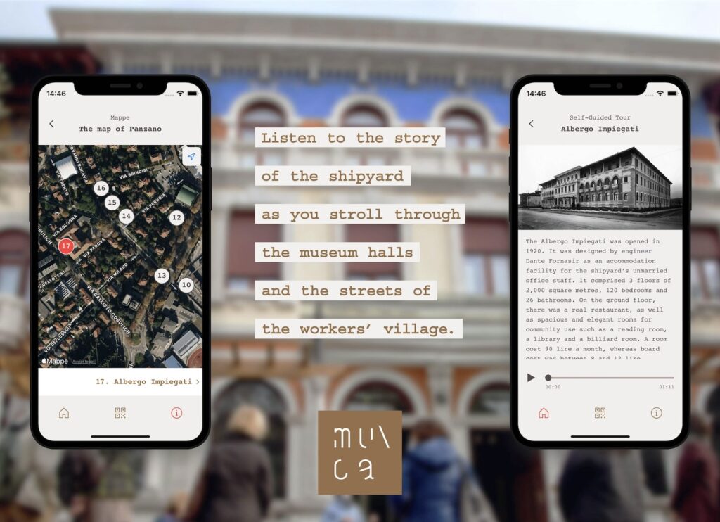 The museum app helps visitors navigate the workers' village using an interactive map and access historical content, images, and audio guides for each point of interest.