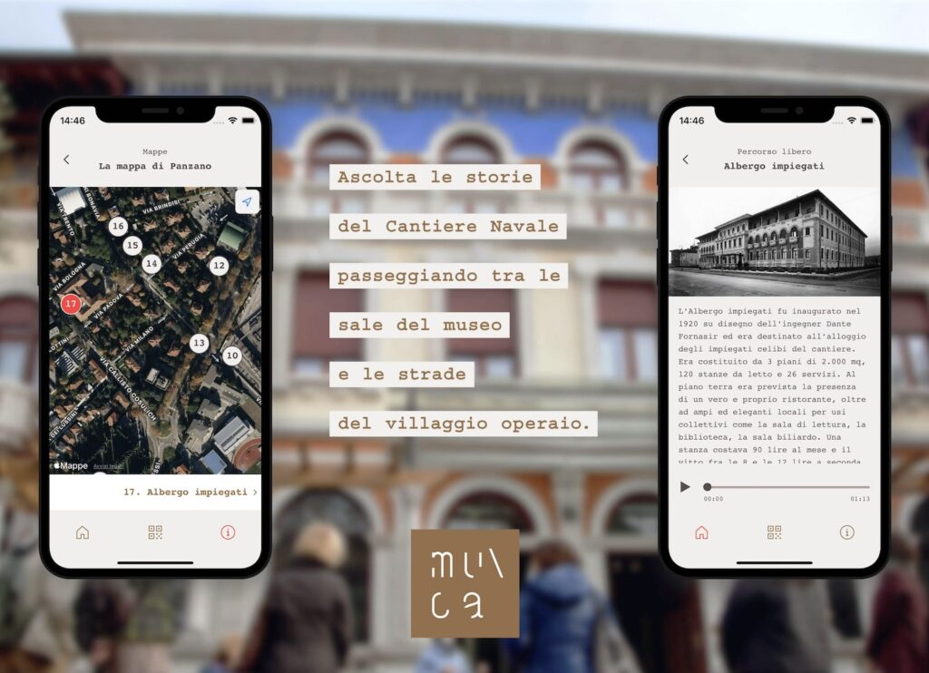 L'app del museo consente di orientarsi nel quartiere operaio tramite una mappa interattiva e di consultare contenuti storici con immagini e audioguida per ciascun punto di interesse.